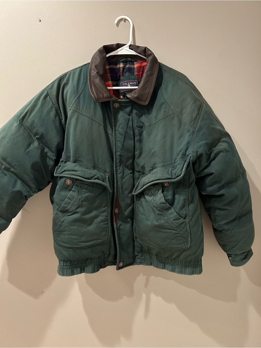 Vintage Coleman Down Jacket Mens Medium Green Flannel Lined Outdoor